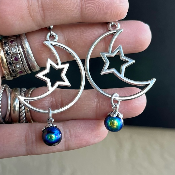 Set ! Moon stars iridescent black green beads necklace + matching earrings boho - Picture 2 of 12